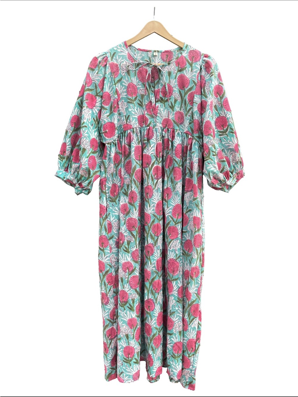 Floral Puff-Sleeve Midi /Maxi Dress in Pink and Teal with pockets